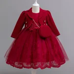 Robe de soirée élégante en dentelle pour fille 3 pièces robe princesse veste assortie sac main mariage anniversaire rouge