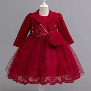 Robe de soirée élégante en dentelle pour fille 3 pièces robe princesse veste assortie sac main mariage anniversaire rouge