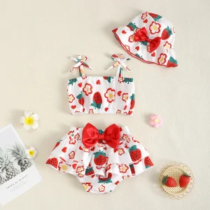 Ensemble de maillot de bain bébé fille été motif fraise tissu synthétique ajustable accessoire chapeau plage piscine
