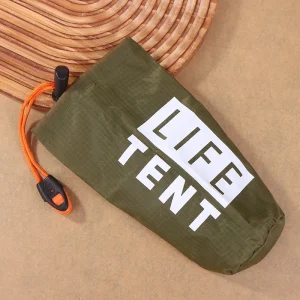 Tente de survie Life Tent compacte et résistante pour camping randonnée kit d&rsquo;urgence portée facile tissu nylon/polyester vert olive blanc orange durable léger imperméable