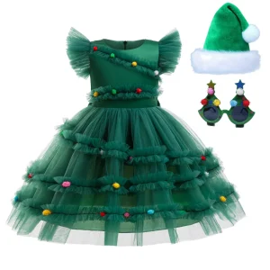 Robe de Noël festive pour filles vert manches courtes nœud robe de princesse accessoires inclus cadeau de Noël robe elfe père Noël vert enfants 713 ans