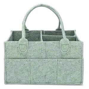 Caddie à couches bébé organisateur rangement couches lingettes usage voiture et maison panier feutre compartiments poches latérales couleur vert pâle design épuré écolo