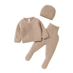 Ensemble vêtements bébé hiver pull pantalon bonnet tricoté doux 01 ans 3 pièces style moderne confortable pratique couleur beige cadeau naissance