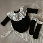 Ensemble bébé fille dentelle body longues manches chaussettes assorties style élégant couleur noire doux confortable nouveauné printemps robes élégantes tenue photo cadeau naissance