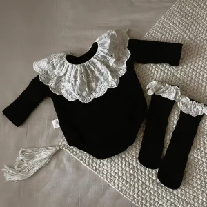Ensemble bébé fille dentelle body longues manches chaussettes assorties style élégant couleur noire doux confortable nouveauné printemps robes élégantes tenue photo cadeau naissance