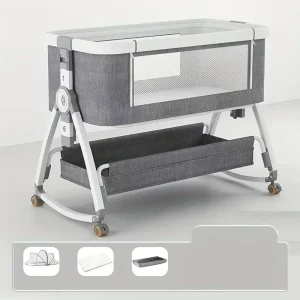 Lit pliant bébé portable multifonctionnel avec roulettes et rangement en tissu gris moderne et sécuritaire