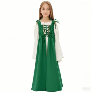 Costume princesse médiévale enfants filles robe Vintage Renaissance manches évasées fete carnaval halloween vert