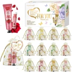 Ensemble crème mains baume lèvres MISS FACTOR X cadeau fête 12 sets sachets organza cartes remerciement design floral élégant