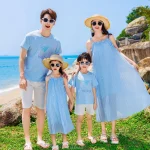 Ensemble plage maman fille père fils robe tshirt pantalon costume enfants vacances été familles tenues coordonnées