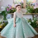 Robe de soirée pour filles vert tube de mariage perles dentelle robe à fleurs anniversaire princesse concours  Green