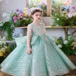 Robe de soirée pour filles vert tube de mariage perles dentelle robe à fleurs anniversaire princesse concours  Green