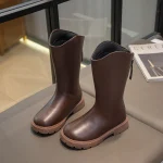 Bottes longues en cuir synthétique pour enfants imperméables hautes antihumidité couleur brun fermeture éclair doublure en coton style moderne filles garçons 4 saisons
