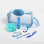 Kit de toilettage complet pour chiens 9 pièces brosse à poils longs coupeongles sac de rangement moderne en PVC bleu et turquoise