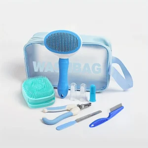 Kit de toilettage complet pour chiens 9 pièces brosse à poils longs coupeongles sac de rangement moderne en PVC bleu et turquoise
