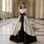 Robe princesse printemps filles haut de gamme fleurs nœud papillon spectacle piano white black 713 ans