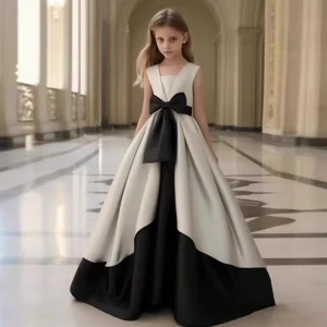 Robe princesse printemps filles haut de gamme fleurs nœud papillon spectacle piano white black 713 ans