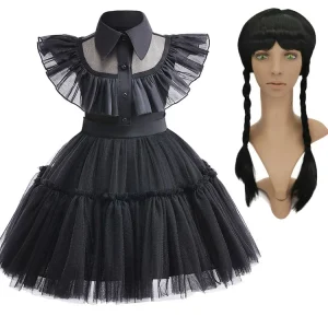 Robe fantaisie gothique pour filles Costume d&rsquo;Halloween inspiré de Mercredi Addams Robe de carnaval noire pour enfant Accessoire gothique
