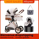 Poussette 3en1 légère siège auto détachable 4 roues matériaux en alliage d&rsquo;aluminium tissu polyester couleurs crème et doré nourrisson 03 ans design moderne pliable luxe urbain