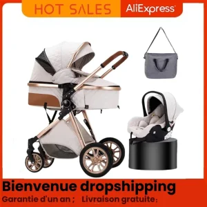 Poussette 3en1 légère siège auto détachable 4 roues matériaux en alliage d’aluminium tissu polyester couleurs crème et doré nourrisson 03 ans design moderne pliable luxe urbain Poussette 3en1 légère siège auto détachable 4 roues matériaux en alliage d’aluminium tissu polyester couleurs crème et doré nourrisson 03 ans design moderne pliable luxe urbain