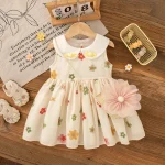 Robe décontractée bébé fille broderie fleurs colorées sans manches col poupée style Aline avec sac accessoires