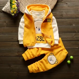 Ensemble vêtements bébé garçon fille hiver 3 pièces velours épais flanelle polaire costume dessin animé ours jaune