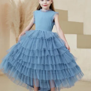 Robe de soirée pour enfants tenue de cérémonie élégante et légère pour filles en Tulle bouffant pour anniversaire mariage bal princesse en dentelle 2025  Blue