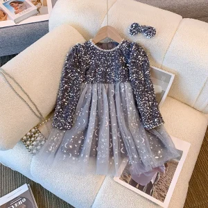 Robe princesse tulle paillettes filles occasion spéciale mariage anniversaire hiver style féerique manches longues Robe princesse tulle paillettes filles occasion spéciale mariage anniversaire hiver style féerique manches longues