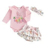 Tenue Pâques bébé fille body manches longues short volants bandeau assorti ensemble 3 pièces coton doux nouveauné style printemps Easter