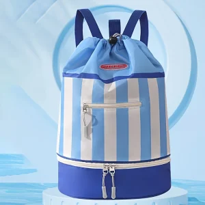 Sac à dos de natation pour enfants sac de plage rangement voyage polyester WIKIGHT bleu clair bande horizontale style sportif usage plein air