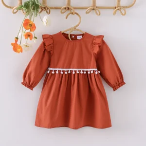 Robe à manches longues pour filles vêtements bébé fille robe à volants style moderne couleur rouge orangé pompons à la taille printempsautomne