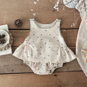 Ensemble de tenue pour bébé fille 01 ans imprimé floral haut sans manches à volants et bloomers vêtements d’été en coton beige Ensemble de tenue pour bébé fille 01 ans imprimé floral haut sans manches à volants et bloomers vêtements d’été en coton beige