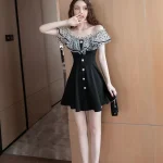 Robe de soirée élégante pour filles adolescentes princesse noire manches courtes Aline kneelength coton polyester macamp Jiangsu ajustement adaptable