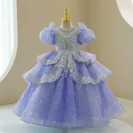 Robe princesse filles manches bouffantes paillettes tulle perles décolleté robe bal fête anniversaire cérémonie occasion spéciale élégance enfant