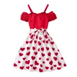 Robe princesse fille style doux rouge motif cœur manches bouffantes robe été occasion festive 713 ans
