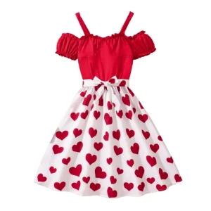 Robe princesse fille style doux rouge motif cœur manches bouffantes robe été occasion festive 713 ans Robe princesse fille style doux rouge motif cœur manches bouffantes robe été occasion festive 713 ans