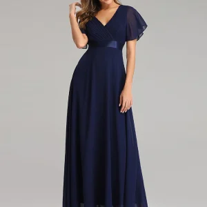 XUCTHHC – Robe De soirée élégante en mousseline De soie, col en v, à volants – Navy Blue