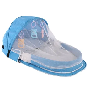 Lit Pliable et Portable pour Bébé, Couffin avec Filet et et Auvent, Nid pour le Camping – Blue