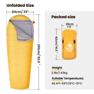 Sac de couchage ONETIGRIS camping randonnée survie portable jaune coton printemps automne confort compact léger