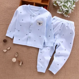 Ensemble vêtements bébé 100% coton doux veste à boutons et pantalon élastique motifs triangulaires bleu clair tenue confortable pour nouveauné garçon ou fille