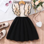 Robe d&rsquo;été élégante pour enfant fille crème et noire volants tissu doux occasion spéciale 37 ans