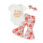 Ensemble anniversaire baby girl 3 pièces barboteuse fleurs bandeau manches courtes style rétro
