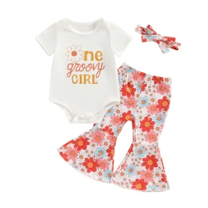 Ensemble anniversaire baby girl 3 pièces barboteuse fleurs bandeau manches courtes style rétro