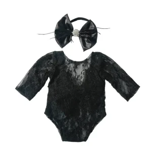 Barboteuse en dentelle noire pour bébé avec bandeau accessoire photo bébé nouveauné style élégant doux et confortable