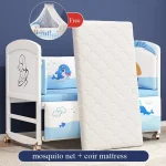 Ensemble complet de berceau de bébé en bois blanc : comprend moustiquaire, literie et matelas en latex naturel/coir avec fonction à bascule – 6