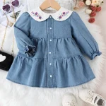 Robe en denim à manches longues pour bébé fille col brodé de fleurs confortable loisirs vacances printemps automne mode