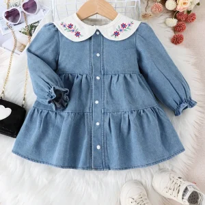 Robe en denim à manches longues pour bébé fille col brodé de fleurs confortable loisirs vacances printemps automne mode