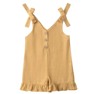 Romper été sans manches bébé 16 ans jaune pâle coton polyester boutons en bois bretelles ajustables style décontracté Romper été sans manches bébé 16 ans jaune pâle coton polyester boutons en bois bretelles ajustables style décontracté