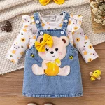 Ensemble robe en jean bébé fille ours miel body tournesol nœud accessoires mode enfant 36 mois