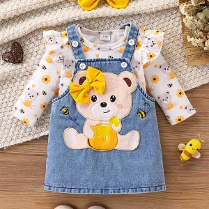 Ensemble robe en jean bébé fille ours miel body tournesol nœud accessoires mode enfant 36 mois