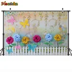 Toile de fond de clôture de dessin animé pour la douche de bébé, arrière-plan de photographie de maternelle pour enfants, fleur colorée, studio de photomaton papillon – Style 1